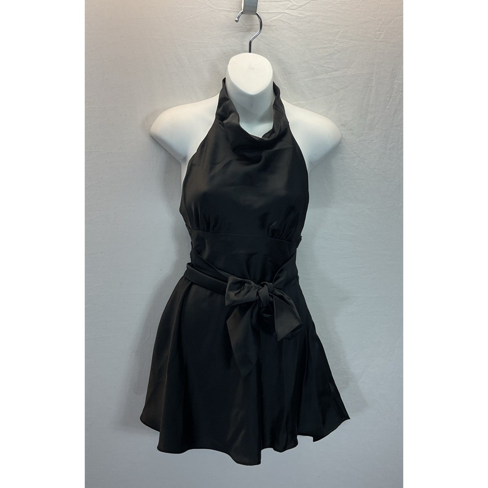 New Zara Black‎ Satin Mini Dress Halter Cowl Neck Quiet Luxury Size M Tie Back